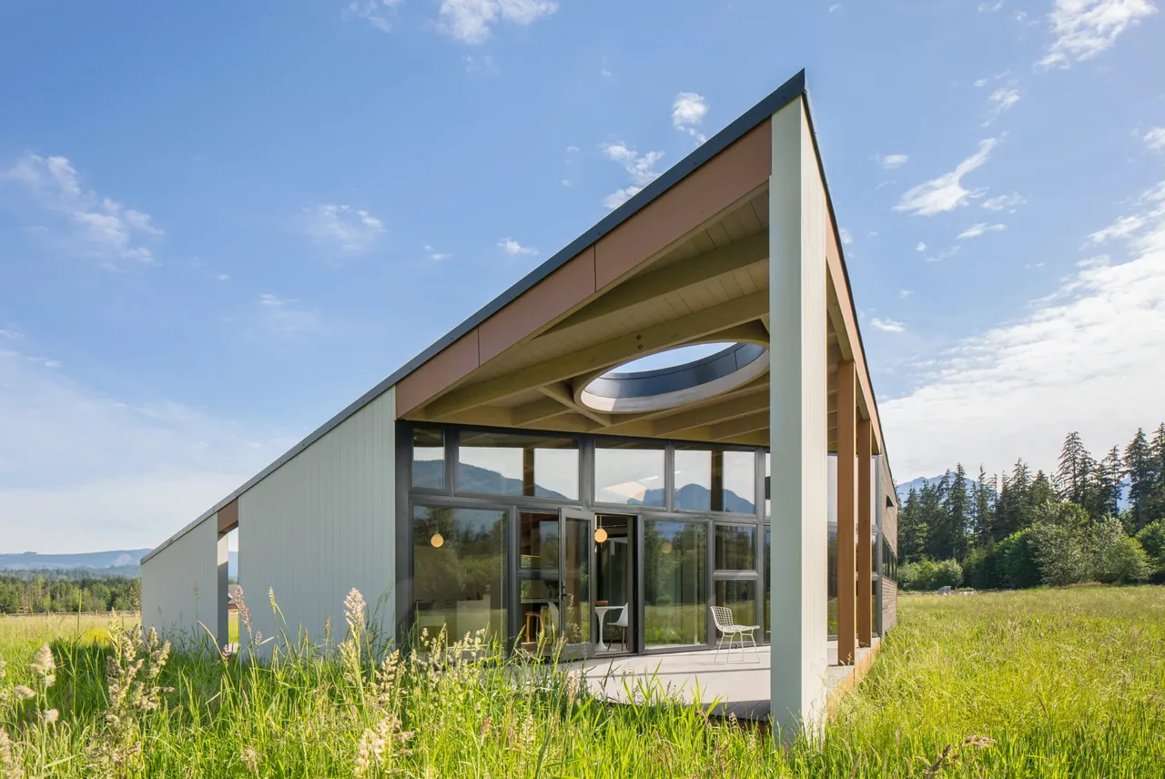 Exterior front view of a modern house with a large sloped roof and circular skylight over a glass patio.