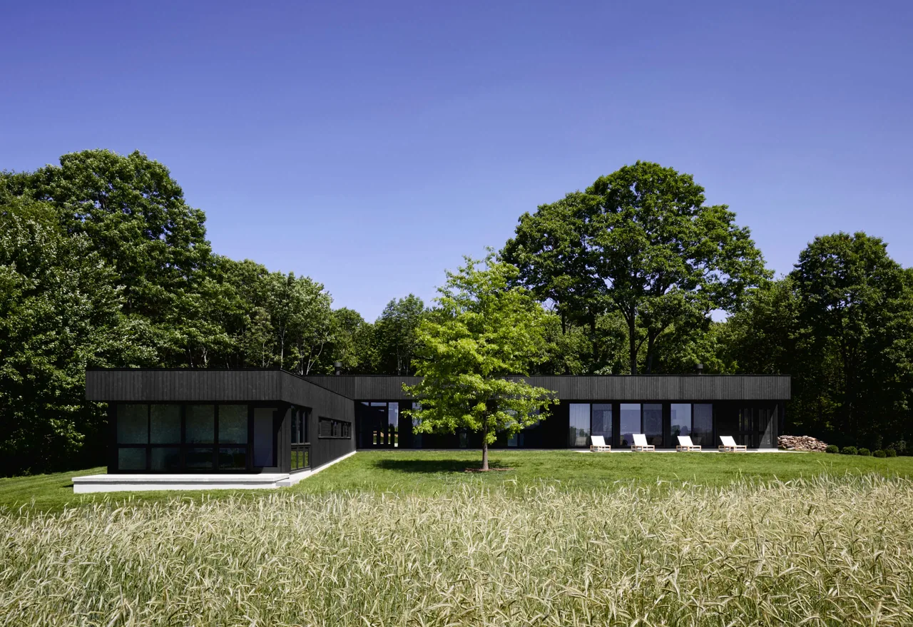 Black single-story modern house with large windows surrounded by trees and grassy fields under a clear blue sky.