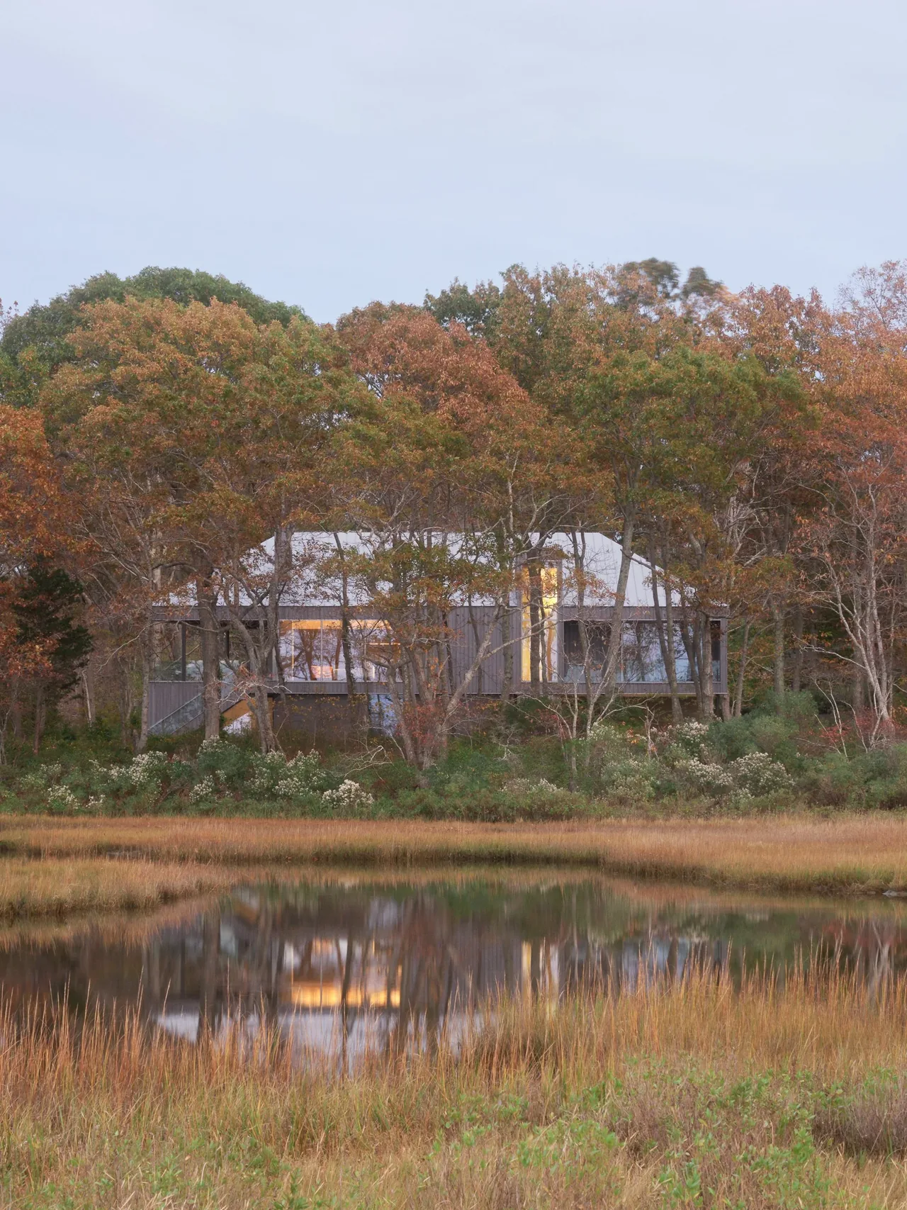 A modern house with large windows is partially hidden by autumn trees near a reflective pond.
