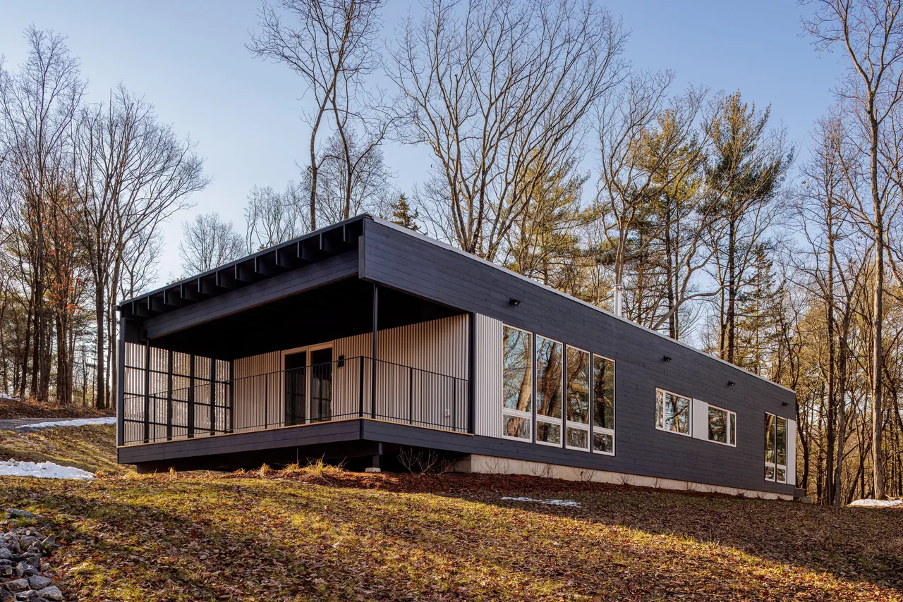 A modern black and white single-story house on a hillside surrounded by leafless trees.