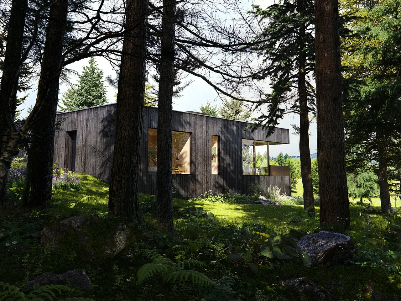 A modern flat-roofed house with dark exterior walls nestled among tall trees and greenery.