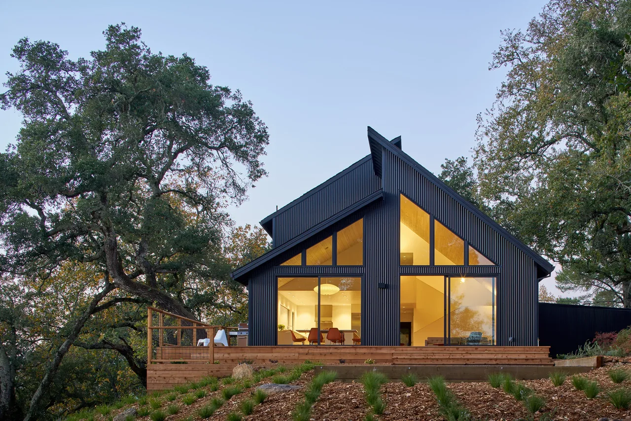 View of a modern black house with large floor-to-ceiling windows and a wooden deck, surrounded by trees.