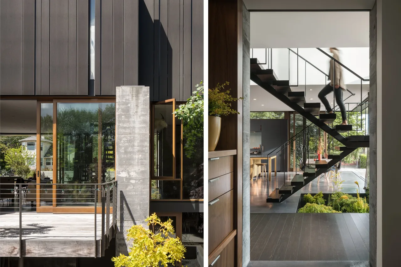 Exterior view shows part of a modern house with wood deck and metal siding; interior view features a floating staircase and open living area