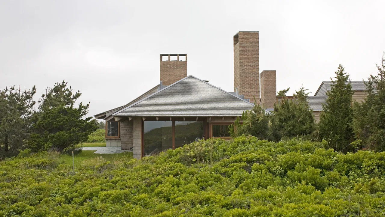 Exterior view of a house with multiple brick chimneys and shingle siding surrounded by greenery under an overcast sky.