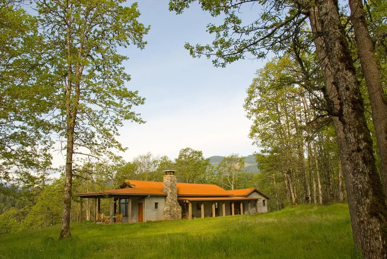 Single-story house with orange roof and stone chimney in a wooded grassy landscape.