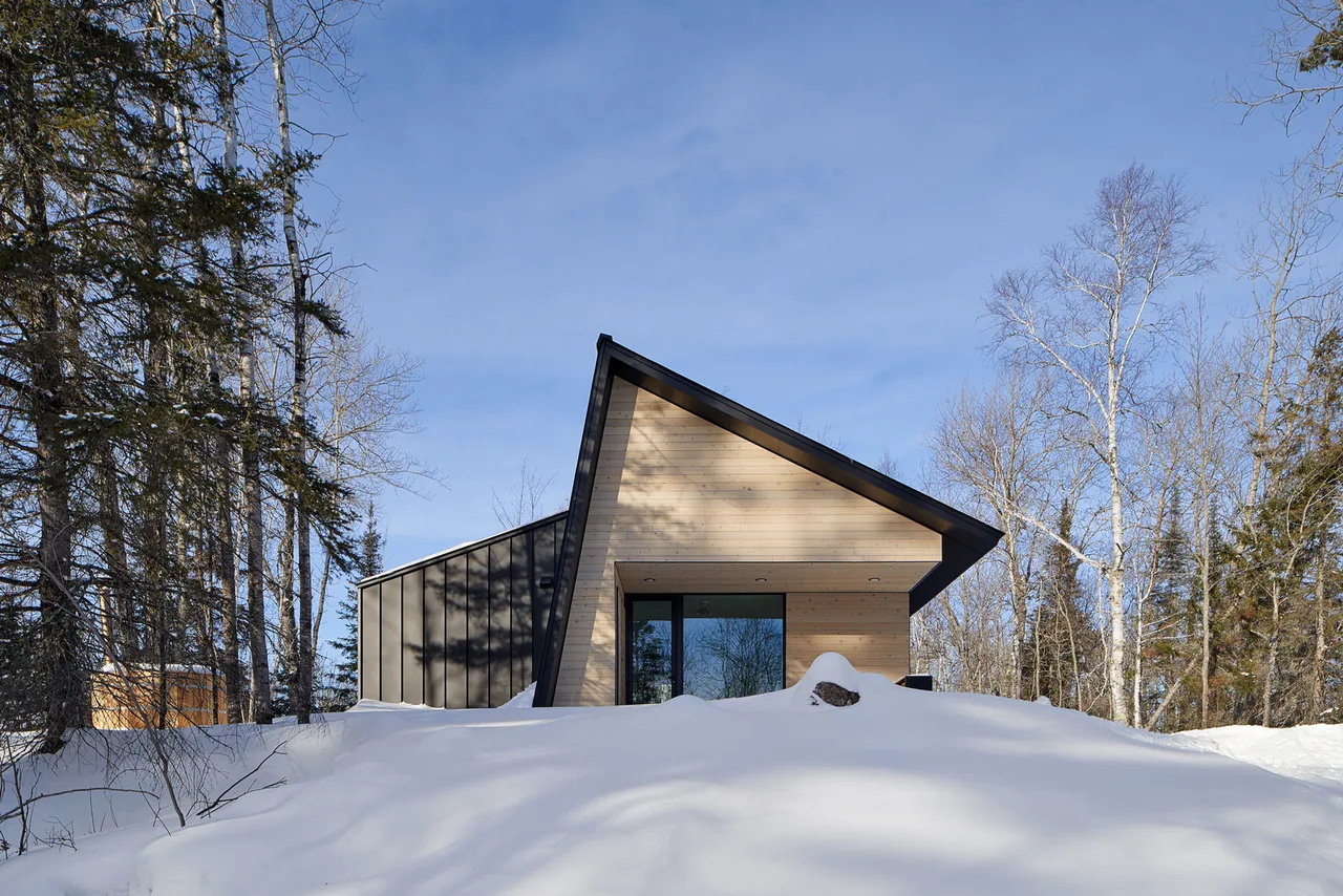 A small modern cabin in the woods with snow-covered ground and leafless trees.