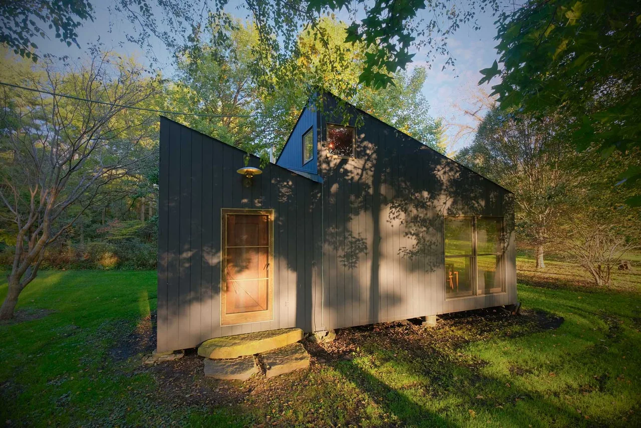 Small modern black playhouse surrounded by trees and grass with a sloped roof and wooden door.