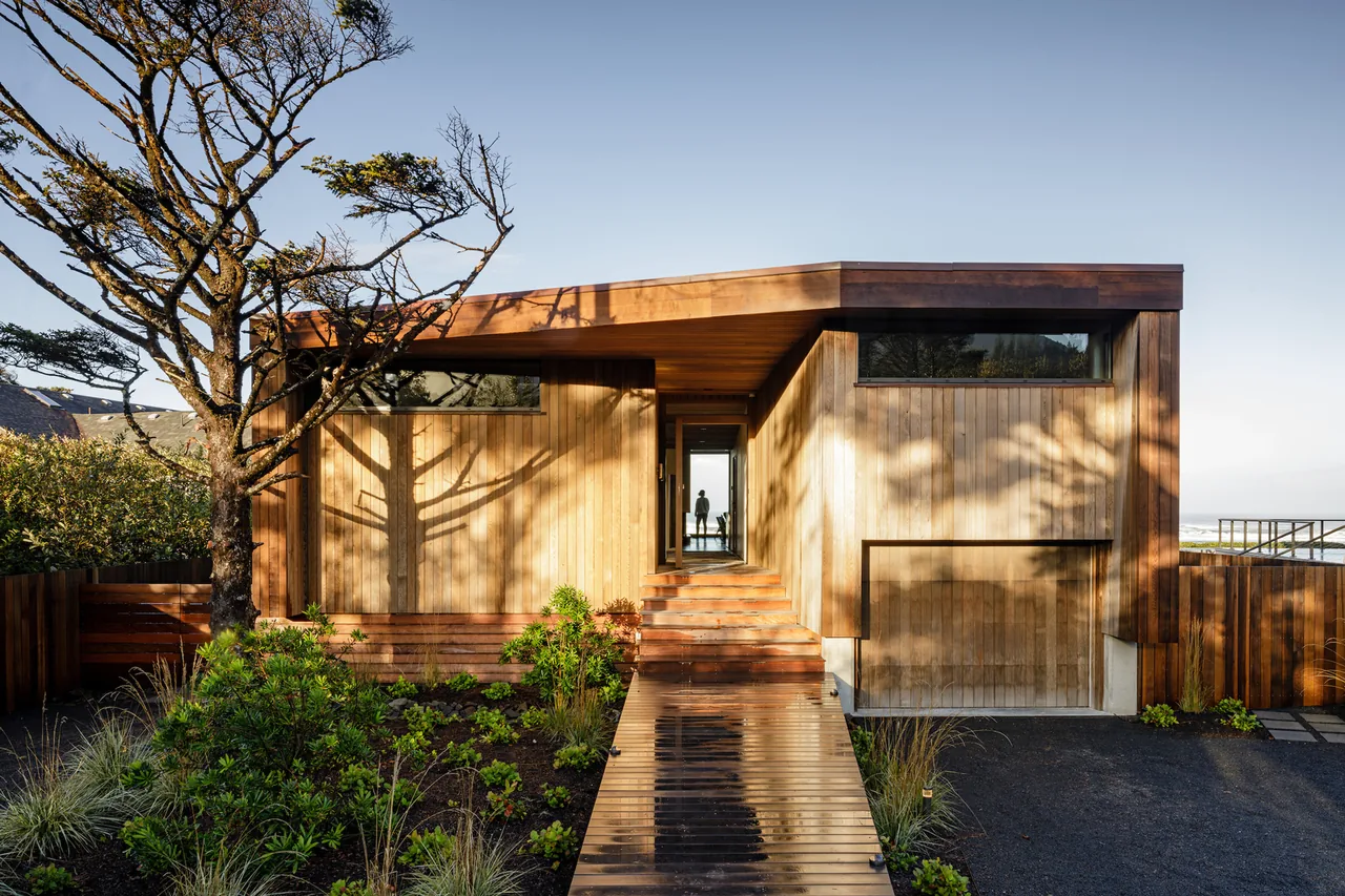 Modern wooden house with a flat roof and a walkway leading to the front door, framed by landscaping and a bare tree.