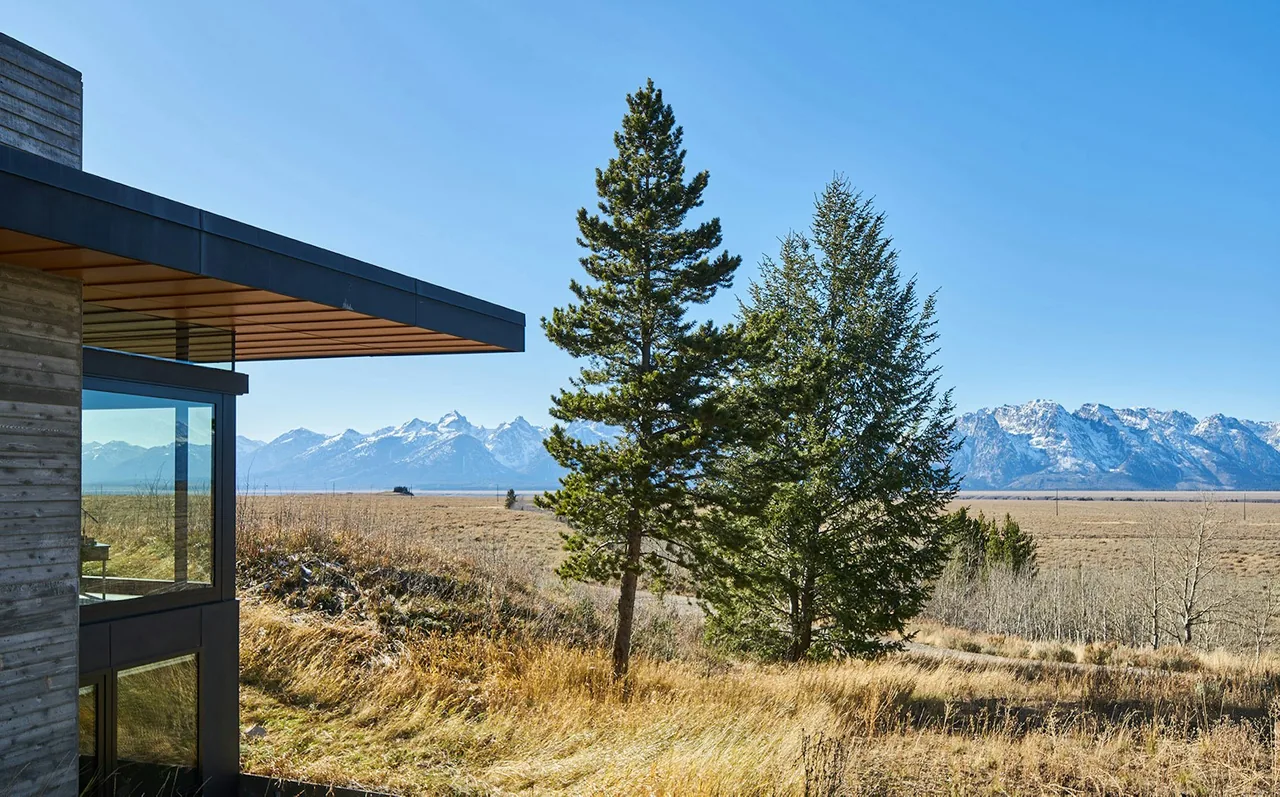 View from a modern cabin showing part of the exterior and a landscape with tall pine trees and snow-capped mountains in the distance.