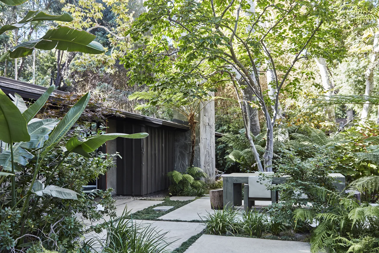 Outdoor seating area surrounded by lush greenery and trees near a modern ranch-style house.