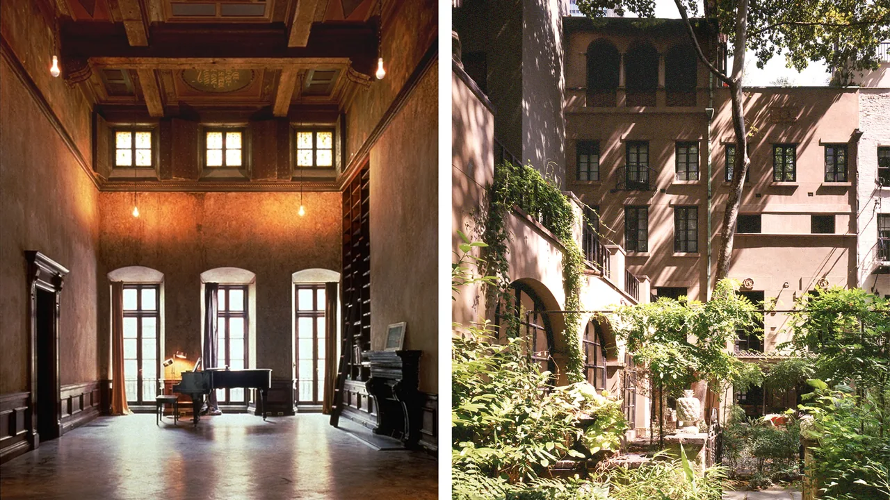 Interior view of a tall, narrow music room with grand piano, tall windows, and ornate ceiling next to an exterior shot of a sunlit townhouse