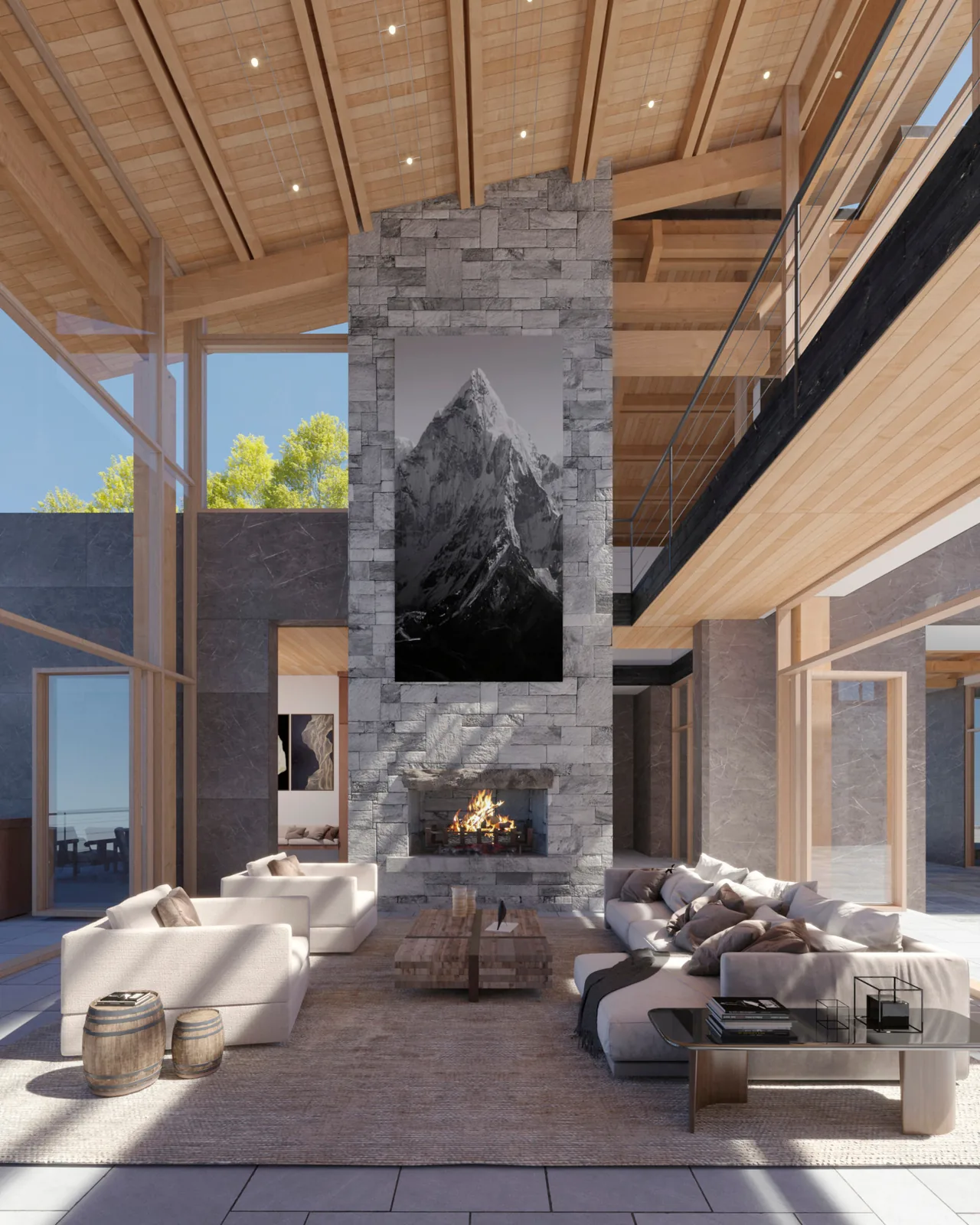 Spacious living room with high wood ceiling, large stone fireplace, and modern white seating.