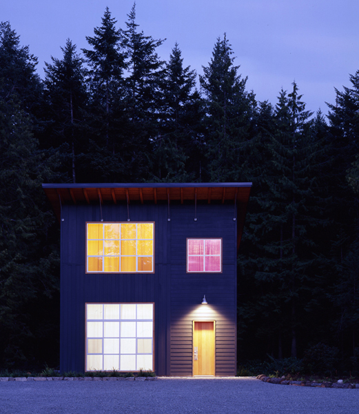 A two-story dark-sided house with a flat roof, illuminated from inside and by a wall lamp at the entrance, surrounded by tall pine trees at/